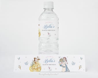 May include: Water bottle label with a Belle-themed design. The label features a watercolor illustration of Belle, a rose, and a book. The text on the label reads "Welcome to Bella's Eighth Birthday".