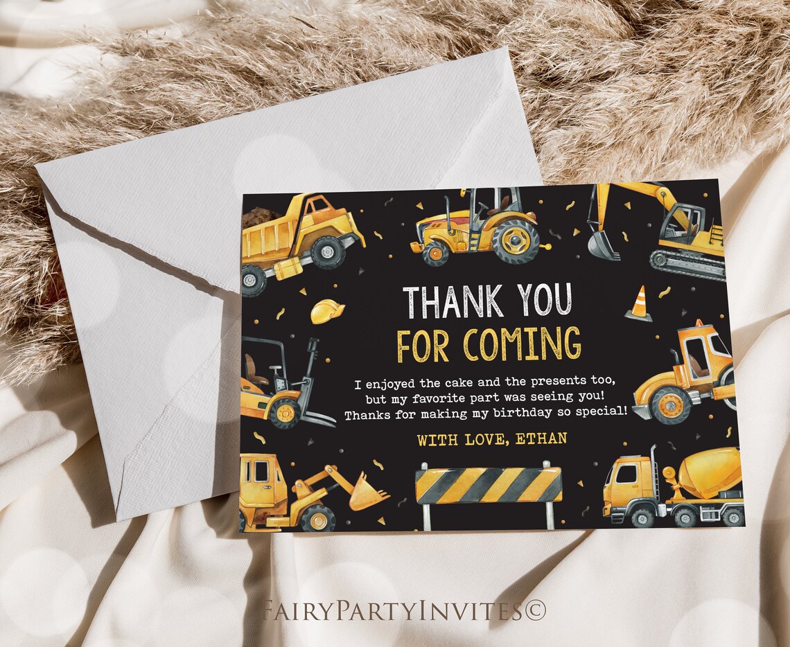 Construction Birthday Thank You Card Template (digital Download) - Etsy