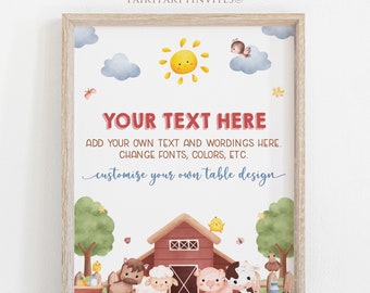 Op de afbeelding: Een printbaar bord met een boerderijthema met een rode schuur, dieren en een zon. De tekst op het bord zegt "YOUR TEXT HERE ADD YOUR OWN TEXT AND WORDINGS HERE. CHANGE FONTS, COLORS, ETC. customize your own table design"
