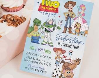 May include: A blue and white birthday invitation with a cartoon image of characters from the Toy Story movie franchise. The invitation says "Two Infinity and Beyond" and "Sebastian is turning two!" with a date and time for the party.