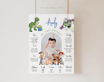 Tablero de hitos de cumpleaños de Toy Story: Banner de bienvenida con estadísticas (digital)