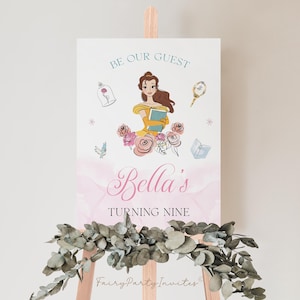Banner di benvenuto di Belle, cartello di benvenuto di La bella e la bestia, banner di benvenuto stampabile di Belle, cartello di benvenuto modificabile di La bella e la bestia - PB01