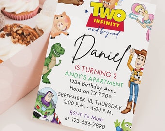 May include: Toy Story themed birthday party invitation with a white background and colorful cartoon characters. The invitation says "Two Infinity and beyond Daniel is turning 2 Andy's Apartment 1234 Birthday Ave., Houston TX 7709 September 18, Thursday 2:00 P.M. - 4:00 P.M. RSVP To Mum at 123-456-7890".