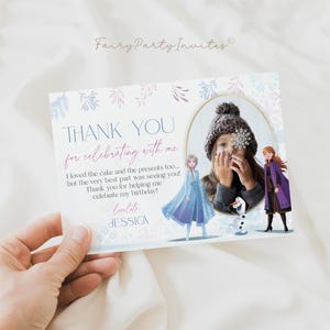 Plantilla de tarjeta de agradecimiento de la princesa de hielo, tarjeta de agradecimiento de cumpleaños de la princesa de hielo, tarjeta de agradecimiento editable de la princesa de hielo - FR01