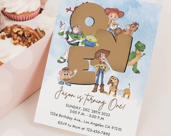 May include: A Toy Story themed birthday invitation with a brown number one surrounded by characters from the movie. The invitation includes the text "Jason is turning One!" and details for the party, including the date, time, and location.