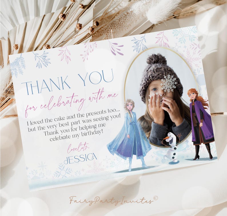 Frozen Birthday Thank You Card Template: Elsa and Anna, Editable (FR01 ...