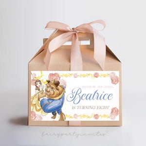 Etichetta per scatola a capanna della principessa Belle, etichetta per scatola per dolcetti e bomboniere della principessa Belle, scatola per dolcetti e bomboniere della principessa Belle, scatola a capanna della principessa Belle - PB01