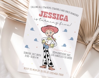May include: A birthday invitation featuring a cartoon character dressed as a cowgirl. The invitation is for a girl named Jessica who is turning five. The invitation includes the date, time, and location of the party. The text on the invitation reads "Calling all cowboys, cowgirls and space rangers! Jessica is turning five! Sunday, Dec 28th 2:00-5:00 P.M. Jessica's House 1234 Birthday Ave. Los Angeles CA 91210 RSVP to Mom by 12/25 at (123)456-7890 FairyPartyInvites ©"