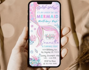 May include: A pink and blue digital invitation for a mermaid-themed birthday party. The invitation features a mermaid tail with a crown, seashells, and the text "Splish Splash It's an Under the Sea Mermaid Birthday Bash!"  Samantha is turning eight. The invitation includes the date, time, and location of the party, as well as an RSVP number.