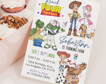 May include: A colorful invitation for a birthday party featuring characters from the Toy Story movie franchise. The invitation says "Reach Four The Sky" and "Sebastian is turning four". The invitation includes details for the party, including the date, time, and location.