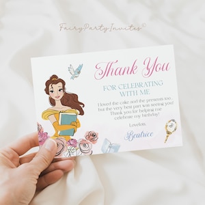 Modello di biglietto di ringraziamento per La bella e la bestia, biglietto di ringraziamento per il compleanno della principessa Belle, biglietto di ringraziamento modificabile per La bella e la bestia - PB01