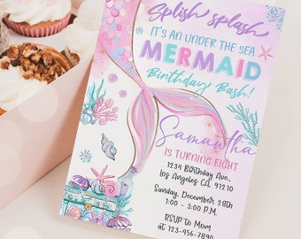 Mermaid Editable Birthday Invitation Template Little Mermaid Under the Sea Magical Pink Purple Girl Invite Instant Download Printable - MB01