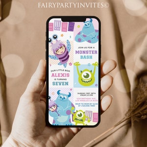 May include: A smartphone displaying a colorful invitation for a "Monster Bash" birthday party. The invitation features cartoon monsters, the text "Alexis is turning seven," and event details. The phone is held in a hand.