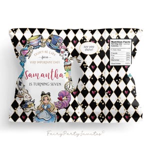 May include: A white and black checkered chip bag with gold glitter and pink hearts. The bag features an illustration of Alice in Wonderland characters, including the Mad Hatter, the White Rabbit, and the Cheshire Cat. The text on the bag reads "Don't be late for a very important date Samantha is turning seven".