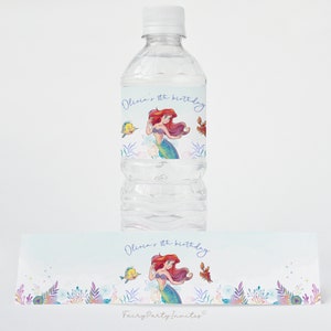 Modèle d'étiquette de bouteille d'eau La Petite Sirène, Emballage de bouteille La Petite Sirène, Cadeau d'anniversaire La Petite Sirène - TLM01