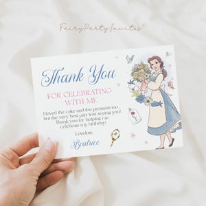 Modello di biglietto di ringraziamento per La bella e la bestia, biglietto di ringraziamento per il compleanno della principessa Belle, biglietto di ringraziamento modificabile per La bella e la bestia - PB01