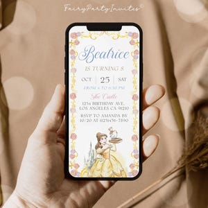 Princess Belle Phone Birthday Invitation Template, Princess Belle Electronic Invitation, Princess Belle Editable Phone Invite – PB01