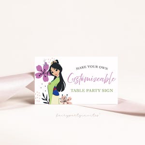 Plantilla de tarjeta de ubicación de Mulán, plantilla editable de carpa de comida de la Princesa Mulán, tarjeta de carpa plegable de Mulán, descarga instantánea de tarjeta de ubicación de Mulán - DP01