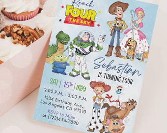 May include: A blue and white birthday invitation with a cartoon image of characters from the Toy Story movie franchise. The invitation says "Reach Four The Sky" and "Sebastian is turning four". The invitation includes the date, time, and location of the party.