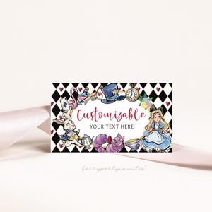 Plantilla de tarjeta de lugar de Alicia en el país de las maravillas, plantilla editable de carpa de comida de Alicia en el país de las maravillas, tarjeta de carpa plegable de Alicia en el país de las maravillas - AIW01