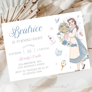 Belle Invitation Template, Princess Belle Invitation, Princess Belle Thank You Tag, Beauty and the Beast Birthday Editable Invitation – PB01
