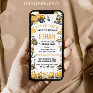 Construction Phone Birthday Invitation Template, Construction Electronic Invitation, Construction Editable Phone Invite – CP02