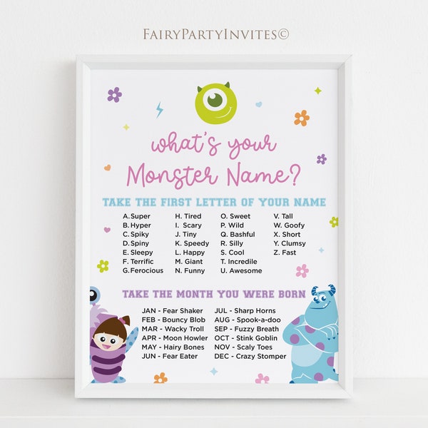 What's Your Monster Name Game, Monsters Inc Birthday Party Activity, Monsters Inc Birthday Game, Monsters Inc Party Name Game - MON01