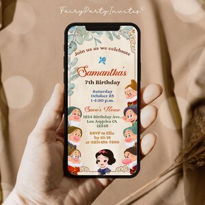 Plantilla de invitación de cumpleaños de Blancanieves, invitación electrónica de Blancanieves, invitación electrónica editable para teléfono de Blancanieves - SW01