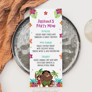 Moana Geburtstagsparty Menüvorlage, druckbare Moana Geburtstagsmenükarte, Moana bearbeitbares Menü Sofort-Download - MOA01