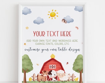 Op de afbeelding: Een printbaar bord met een rode schuur, een koe, een paard en een schaap. Het bord staat "YOUR TEXT HERE" en "ADD YOUR OWN TEXT AND WORDINGS HERE. CHANGE FONTS, COLORS, ETC. customize your own table design".