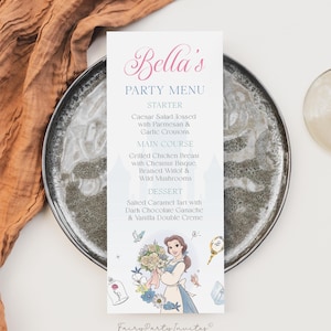 Modello di menu per la festa di compleanno di La bella e la bestia, scheda del menu stampabile di La bella e la bestia, menu modificabile di La bella e la bestia - PB01