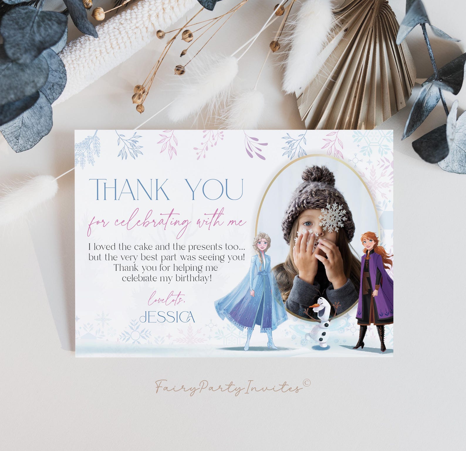 Frozen Birthday Thank You Card Template: Elsa and Anna, Editable (FR01 ...