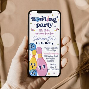 May include: A colourful invitation for a bowling party for a 7th birthday. The invitation features a bowling pin and ball with cartoon faces, and the text "Bowling party" in a blue and yellow font. The invitation also includes the date, time, and location of the party.