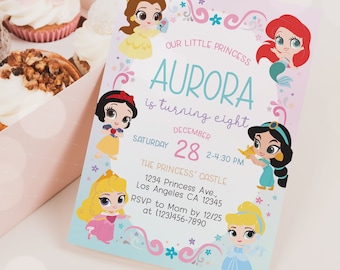 May include: A pink and blue birthday invitation featuring a cartoon image of Aurora from Sleeping Beauty. The invitation reads "Our Little Princess Aurora is turning eight" and includes the date "December 28" and time "2-4:30 PM".