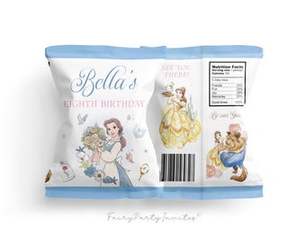 May include: A blue and white chip bag with a Belle's Eighth Birthday theme. The bag features a cartoon image of Belle from Beauty and the Beast holding a bouquet of flowers. The bag also includes a nutrition facts label with a fun and whimsical design.