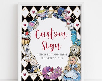 Puede incluir: Un cartel enmarcado en blanco con un fondo a cuadros blanco y negro. El cartel presenta ilustraciones de personajes de Alicia en el País de las Maravillas, incluyendo el Sombrerero Loco, el Gato de Cheshire y Alicia. El texto en el cartel dice "Custom Sign, Design, Edit and Print Unlimited Signs".