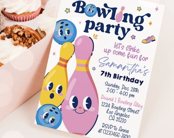 Bowling Birthday Invitation, Bowling Instant Download Invitation, Bowling Editable Template, Bowling Thank You Tag - BWL01