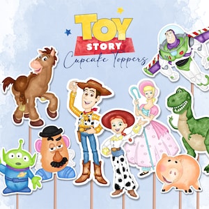May include: Toy Story cupcake toppers featuring Woody, Jessie, Buzz Lightyear, Bo Peep, Rex, Hamm, and Bullseye. The toppers are printed on cardstock and are ready to be used for a Toy Story themed party.