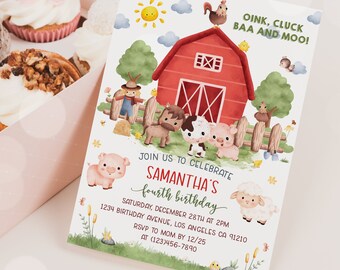 May include: A red barn with a white door and windows, surrounded by farm animals including a pig, cow, horse, sheep, and a rooster. The text "OINK, CLUCK BAA AND MOO!" is at the top of the invitation. The text "JOIN US TO CELEBRATE SAMANTHA'S fourth birthday" is in the centre of the invitation. The text "SATURDAY, DECEMBER 28TH AT 2PM 1234 BIRTHDAY AVENUE, LOS ANGELES CA 91210 RSVP TO MOM BY 12/25 AT (123)456-7890" is at the bottom of the invitation.