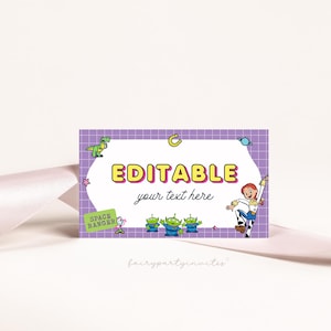 Modelo de cartão de lugar Toy Story, modelo editável de barraca de comida Toy Story, cartão de barraca de etiqueta dobrada Toy Story, cartão de lugar Toy Story - SS01