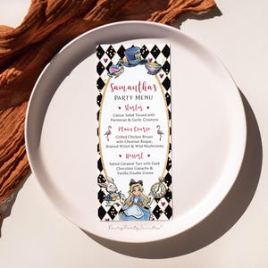 Modèle de Menu de fête d'anniversaire d'Alice au pays des merveilles, carte de menu d'anniversaire d'Alice au pays des merveilles imprimable, Menu d'Alice au pays des merveilles - AIW01