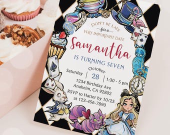 May include: Alice in Wonderland themed birthday party invitation with a black and white checkered background. The invitation features a cupcake, a teacup, a pocket watch, a playing card, a white rabbit, a Cheshire cat, and Alice. The text on the invitation reads "Don't be late for a very important date Samantha is turning seven Saturday October 28 1:30-5 pm 1234 Birthday Ave Anaheim, CA 92802 RSVP to Hatter by 10/25 at 123-456-7890".