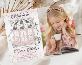 Parisian Cafe Birthday Invitation Template: Editable Tea Party Invite (PR01)
