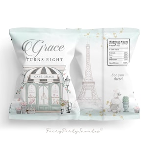 Paris Cafe Chip Beutel Etikett Vorlage, Paris Tee-Party Snack Beutel Etikett, Pariser Thema Party Gunst Chip Beutel Geburtstag Instant Download - PR01