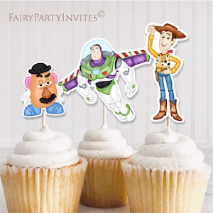 May include: Three Toy Story character cupcake toppers. The toppers are printed on cardstock and feature Woody, Buzz Lightyear, and Mr. Potato Head. The toppers are perfect for a Toy Story themed party.