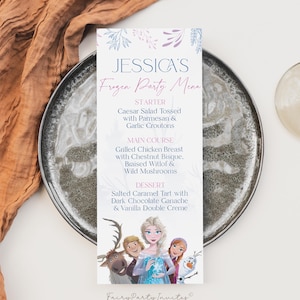 Modèle de Menu de fête d'anniversaire princesse des glaces, carte de Menu d'anniversaire princesse des glaces imprimable, menu modifiable princesse des glaces téléchargement immédiat - FR01