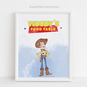 May include: A printable sign featuring a cartoon illustration of Woody from Toy Story. The sign has a blue watercolor background and says "Woody's Food Table" in yellow letters with red outlines.
