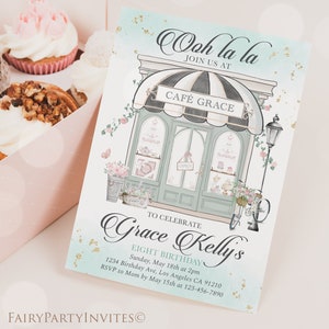 May include: A teal and white invitation with gold glitter accents. The invitation features a cartoon illustration of a cafe with a sign that reads "Cafe Grace". The text reads "Ooh la la Join us at Cafe Grace to celebrate Grace Kelly's Eight Birthday Sunday, May 18th at 2pm 1234 Birthday Ave, Los Angeles CA 91210 RSVP to Mom by May 15th at 123-456-7890 FairyPartyInvites".
