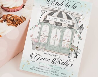 Parisian Cafe Birthday Invitation: French Tea Party, Editable Template (PR01)