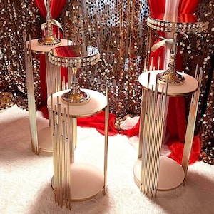 Set of 3 PCs Plinths- Gold Round Metal Plinths Wedding Backdrop Stand Columns Cylinders Baby shower Party metal dessert table pillar